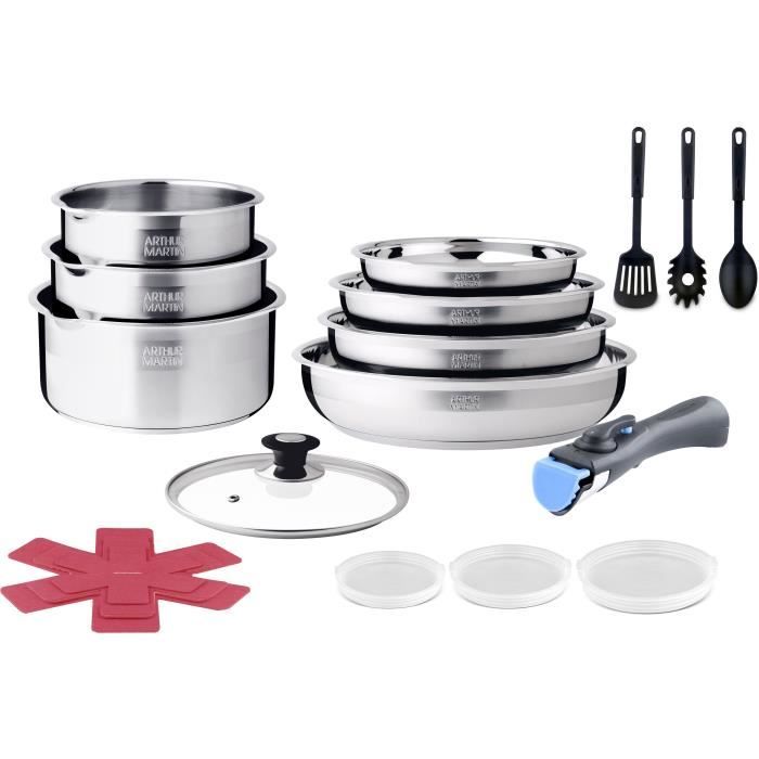Batterie de cuisine induction - ARTHUR MARTIN - AM0566 - 18 pieces - Poignée amovible - Tous feux dont induction - Acier inoxydable